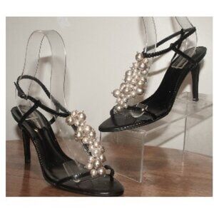 $299 Lenny e Cia Black Pearl Embellished Strappy Stiletto Heels Sandals 37 6.5
